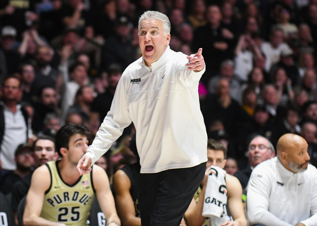 Feb 15, 2024; West Lafayette, Indiana, USA; Purdue Boilermakers head coach Matt Painter argues a call against the Minnesota Golden Gophers during the second half at Mackey Arena.